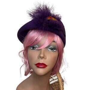 Vintage 100% Wool Doeskin Felt Pillbox Hat Purple Feathers Velvet Bow